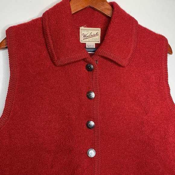 Woolrich | Red Silver Button Adorned Wool Vest Collared With Pockets Floral Trim - Picture 3 of 11